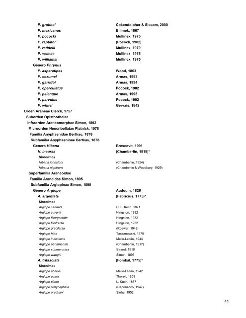 Catalogo de Autoridades Taxonómicas de Arachnida - Conabio