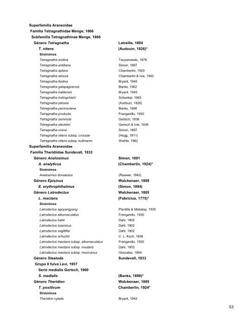 Catalogo de Autoridades Taxonómicas de Arachnida - Conabio