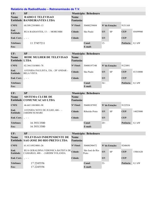 Relatório de Radiodifusão – Retransmissão de T.V. UF ... - TRE-SP