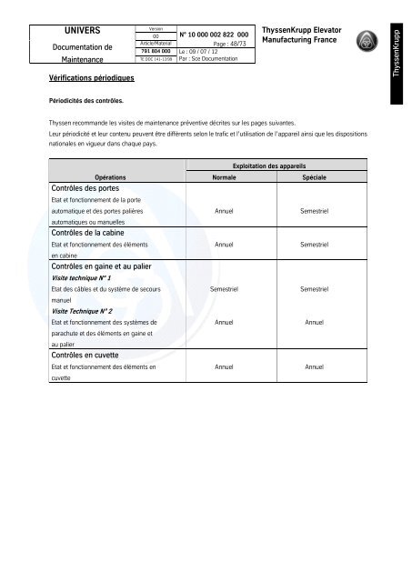 Ascenseur UNIVERS 630 à 1275 kg Maintenance - TEF-online