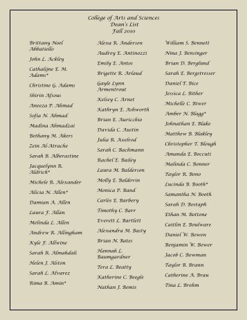 College of Arts and Sciences Dean's List Fall 2010