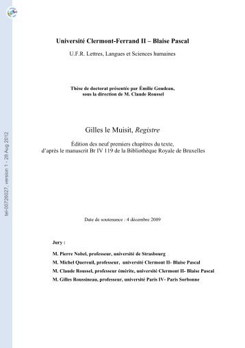 Gilles le Muisit, Registre. Edition des neuf premiers chapitres du ...