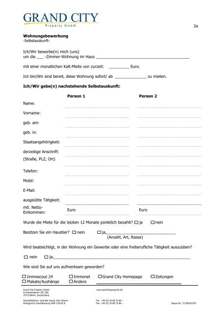 Wohnungsbewerbung Selbstauskunft Grand City Property Gmbh