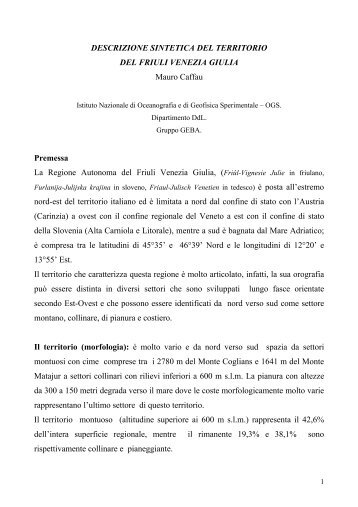 Descrizione sintetica del territorio del Friuli Venezia Giulia - Cami-Life