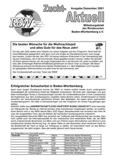 RBW-Zucht-Aktuell 12/2001 - Rinderunion Baden-Württemberg e.V.