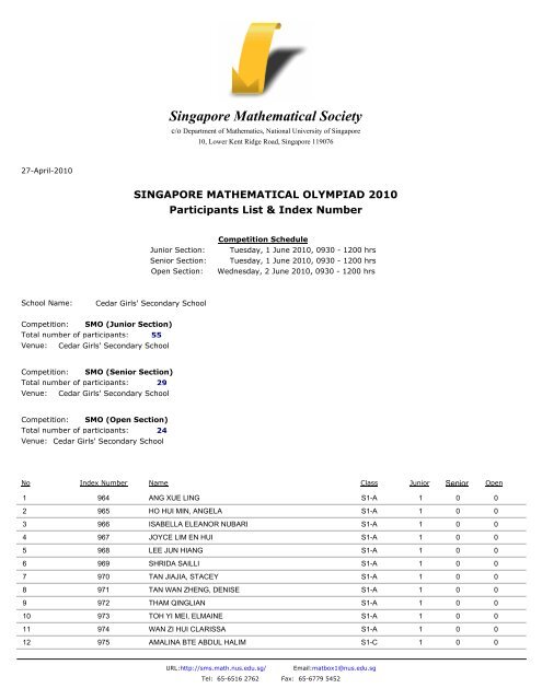 Cedar Girls' Sec - Singapore Mathematical Society