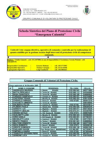 Piano Protezione Civile - Scheda sintetica - Comune di Roasio