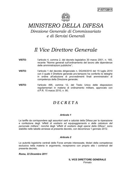 Tariffario con decorrenza 1° gennaio 2012 - Ministero della Difesa