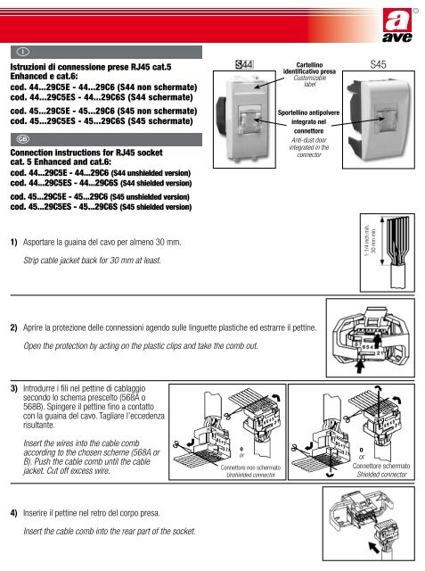 Istruzioni di connessione prese RJ45 cat.5 Enhanced - Ave