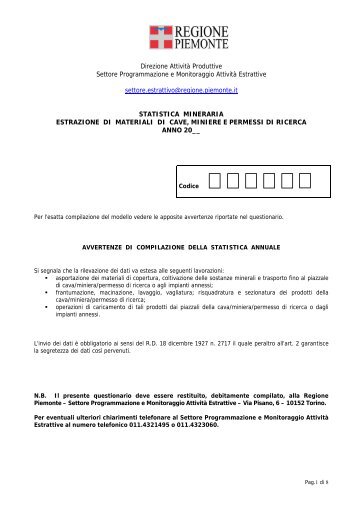 Modulo statistica mineraria - Regione Piemonte