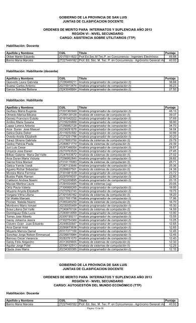 gobierno de la provincia de san luis juntas de clasificacion docente ...