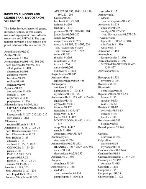 Index to Fungous and Lichen Taxa, volume 91 - Mycotaxon