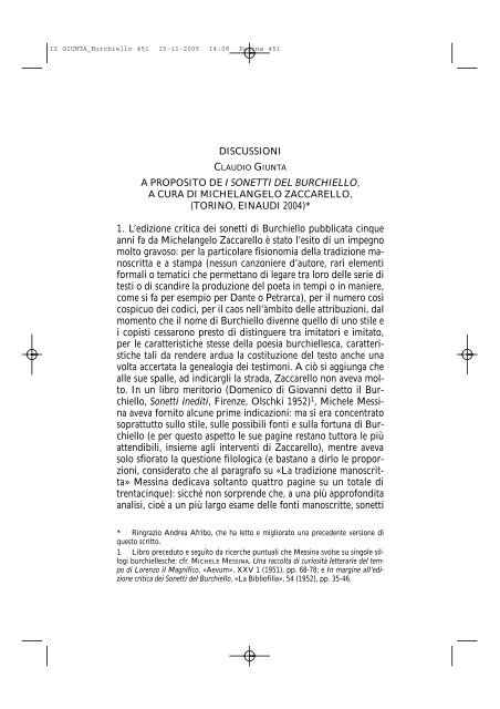 Sull'edizione Zaccarello delle Rime del Burchiello ... - Claudio Giunta