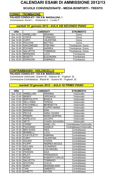 Domande e calendari Scuola Media Musicale Bonporti 2012-2013