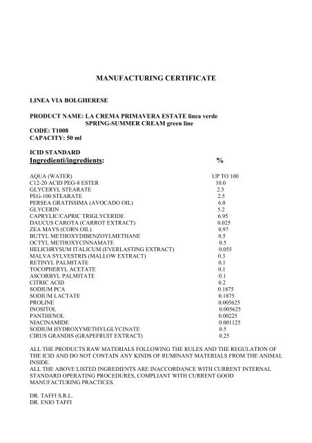 MANUFACTURING CERTIFICATE Ingredienti/ingredients: