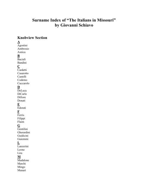 Surname Index of “The Italians in Missouri” by Giovanni Schiavo