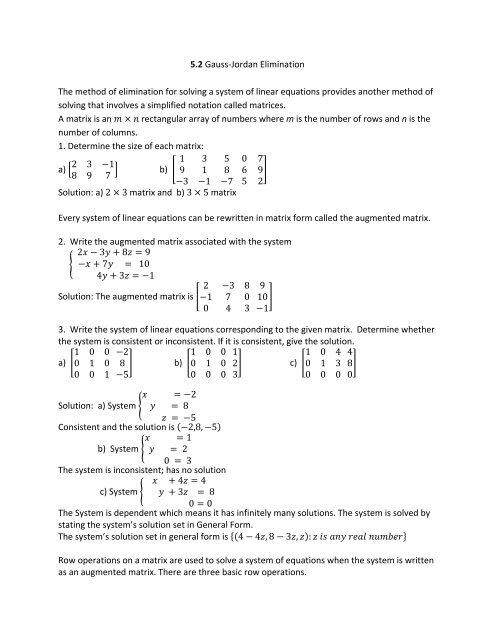 5.2 Gauss-Jordan Elimination The method of elimination for solving ...