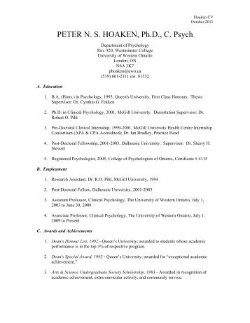 PETER N. S. HOAKEN, Ph.D., C. Psych - Psychology - University of ...