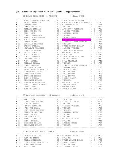 RISULTATI COMPLESSIVI QUALIFICAZIONI REGIONALI UISP 2007