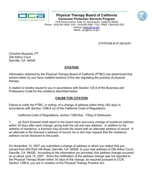 Christine Musante Citation The Physical Therapy Board Of California