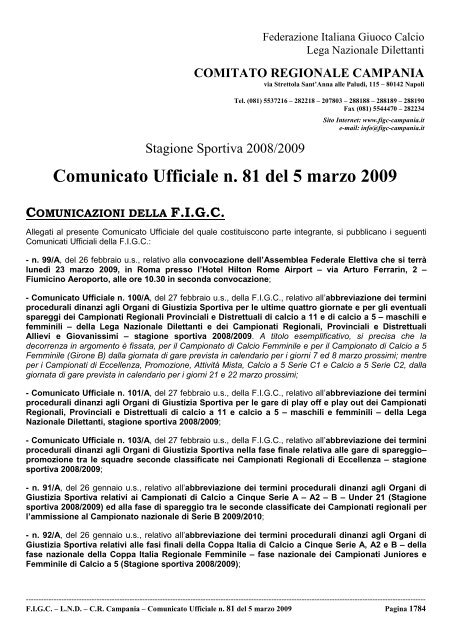 Comunicato Ufficiale n. 81 del 5 marzo 2009 - Informacalcio.it