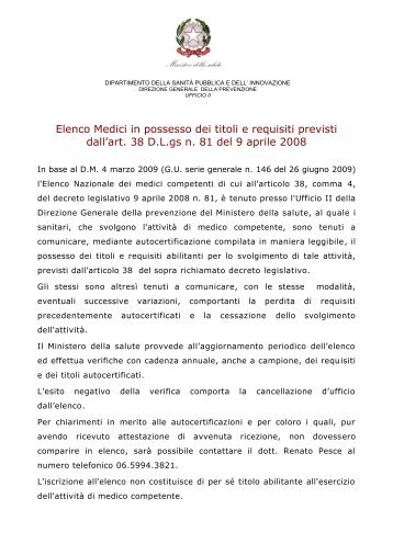Elenco Medici in possesso dei titoli e requisiti previsti dall'art. 38 ...