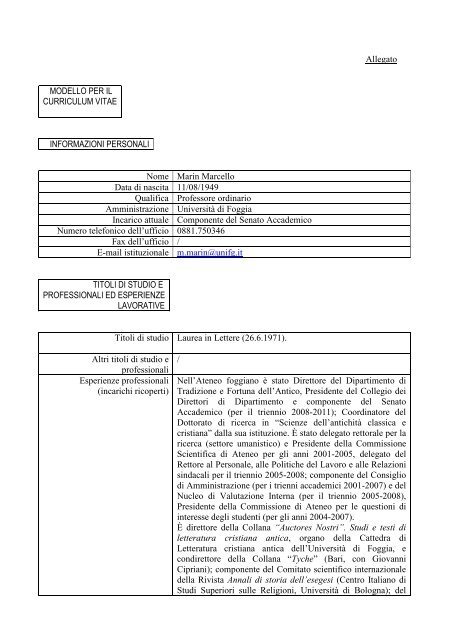 Allegato CURRICULUM VITAE Nome Marin Marcello Data di ...