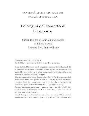 Le origini del concetto di birapporto - Dipartimento di Matematica