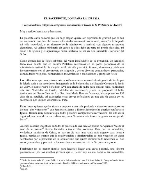 Carta Pastoral : El Sacerdote don para la Iglesia - Prelatura de Ayaviri Carta Pastoral : El Sacerdote don para la Iglesia - Prelatura de Ayaviri