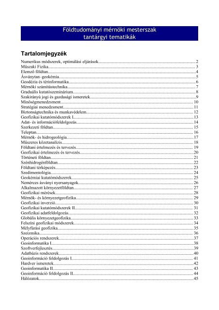 Tárgyleírás (.pdf) - Műszaki Földtudományi Kar - Miskolci Egyetem