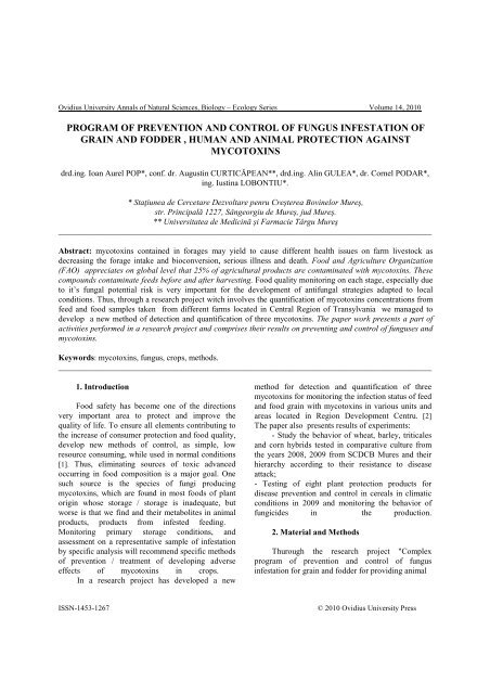 VOLUM OMAGIAL - Facultatea de Ştiinţe ale Naturii şi Ştiinţe Agricole