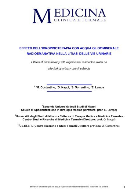 Effetti dell'idropinoterapia con acqua oligominerale radioemanativa ...