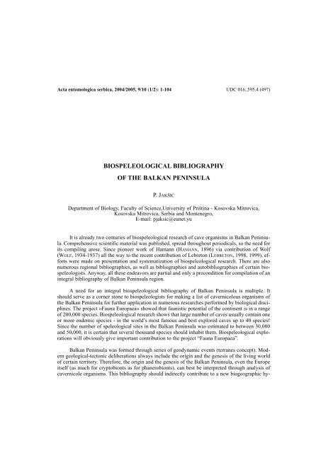 Biospeleological Bibliographyof the Balkan peninsula