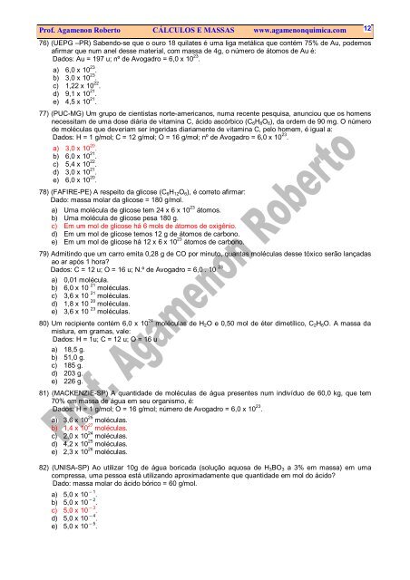 CÁLCULOS E MASSAS-EXERCÍCIOS - Cursocenpro.com.br