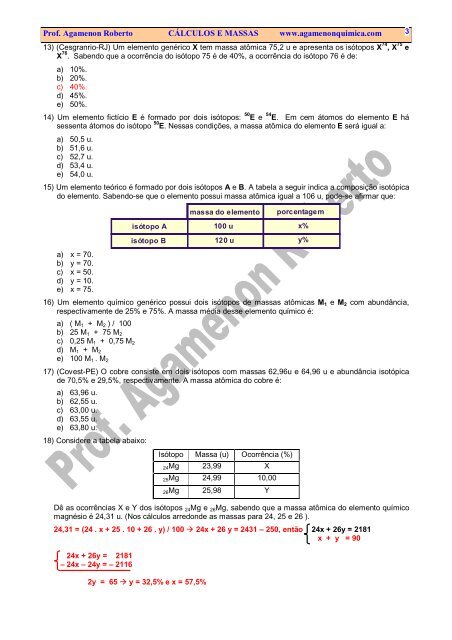 CÁLCULOS E MASSAS-EXERCÍCIOS - Cursocenpro.com.br