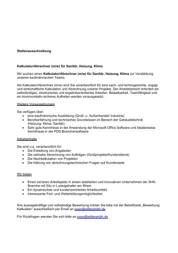 Stellenausschreibung Kalkulator/Abrechner (m/w ... - Willergmbh.de