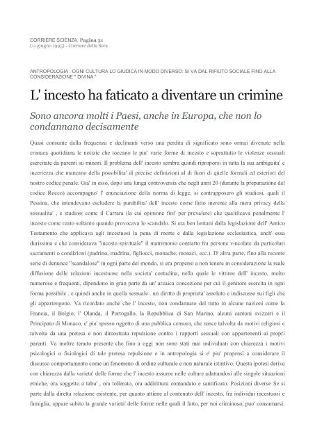 L' incesto ha faticato a diventare un crimine - Centrostudirpinia.It