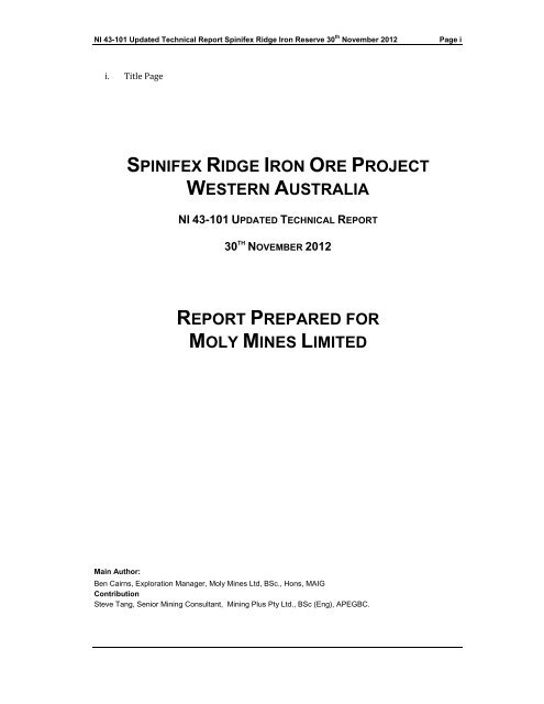 Iron Ridge Design Report Example NI 43-101 Updated Technical Report Spinifex Ridge Iron Ore Project
