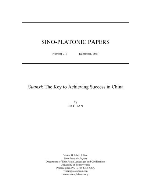 Guanxi: The Key to Achieving Success in China - Sino-Platonic Papers