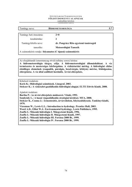 Rövid tantárgyi tematikák - ELTE TTK Tanulmányi Osztály - Eötvös ...