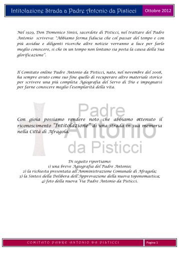 Intitolazione Strada a Padre Antonio da Pisticci - Servo di Dio Padre ...