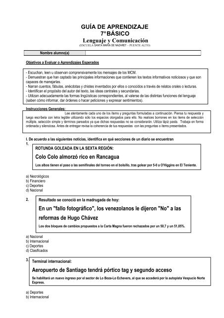 GUÍA DE APRENDIZAJE 7° BÁSICO Lenguaje y Comunicación ...