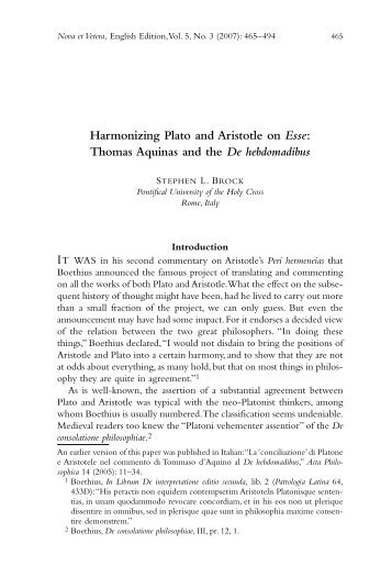 Harmonizing Plato and Aristotle on Esse: Thomas Aquinas and the ...