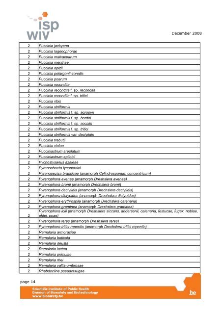 List of fungi presenting at the wild state a biological risk for plants