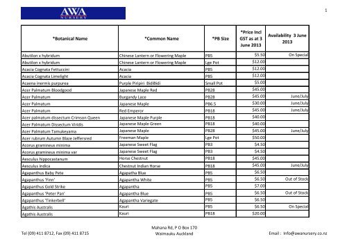 Awa Price List 3 June 2013 and availability - Awa Nursery