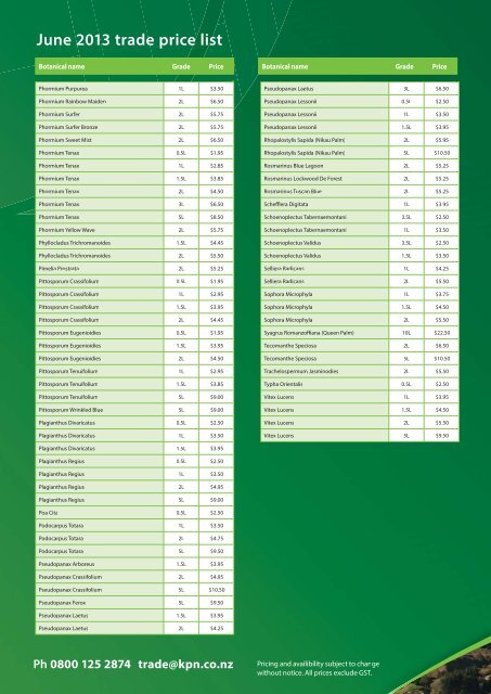 trade list - Kauri Park Nurseries