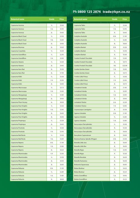 trade list - Kauri Park Nurseries