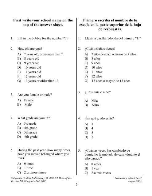 Elementary School Questionnaire 2005-2006 - Petaluma City Schools