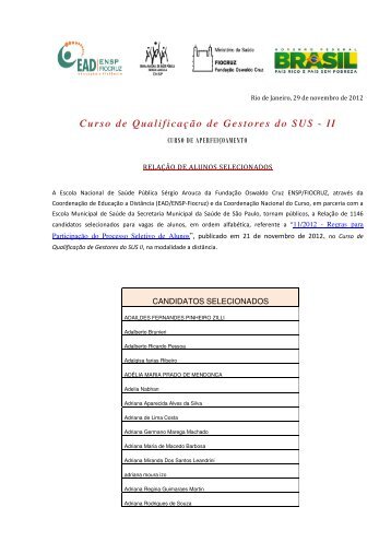 Relação dos ALUNOS selecionados - EAD - Fiocruz