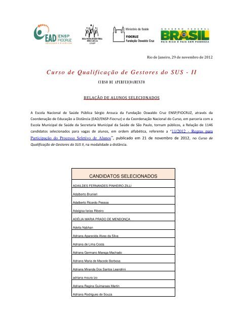 Relação dos ALUNOS selecionados - EAD - Fiocruz